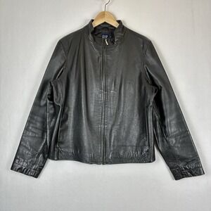 GAP Black Leather Motorcycle Jacket Mock Neck Full Zip Womens L Vintage 1997 Y2K